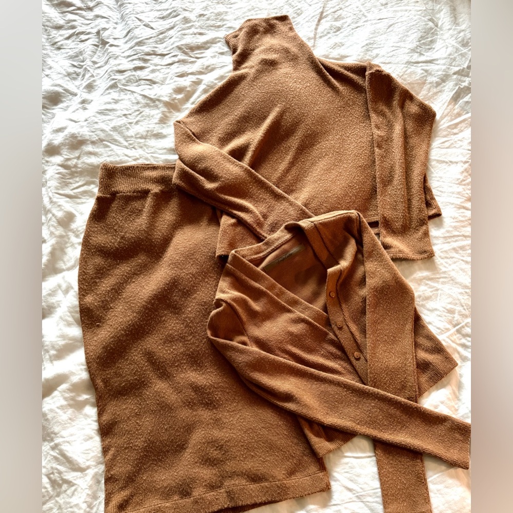 Enza Costa sweater skirt, turtleneck and cardigan. Mix and match this outfit.